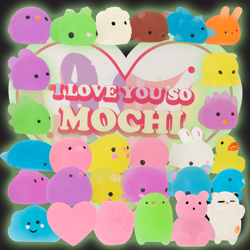 28Pcs Glow In The Dark Mochi with Kids Valentines Card Boxes-Classroom Exchange Gift