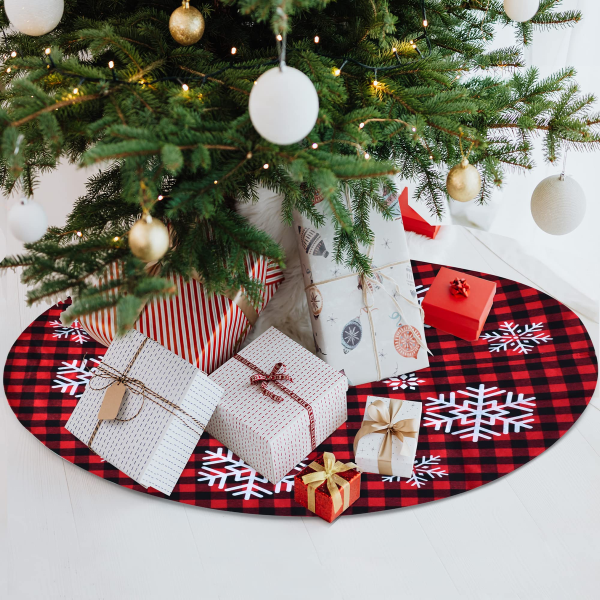 JOYIN | 36'' Red and Black Plaid Tree Skirt with Snowflake