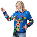 Adult Reindeer Ugly Blue Sweater with Light Bulbs