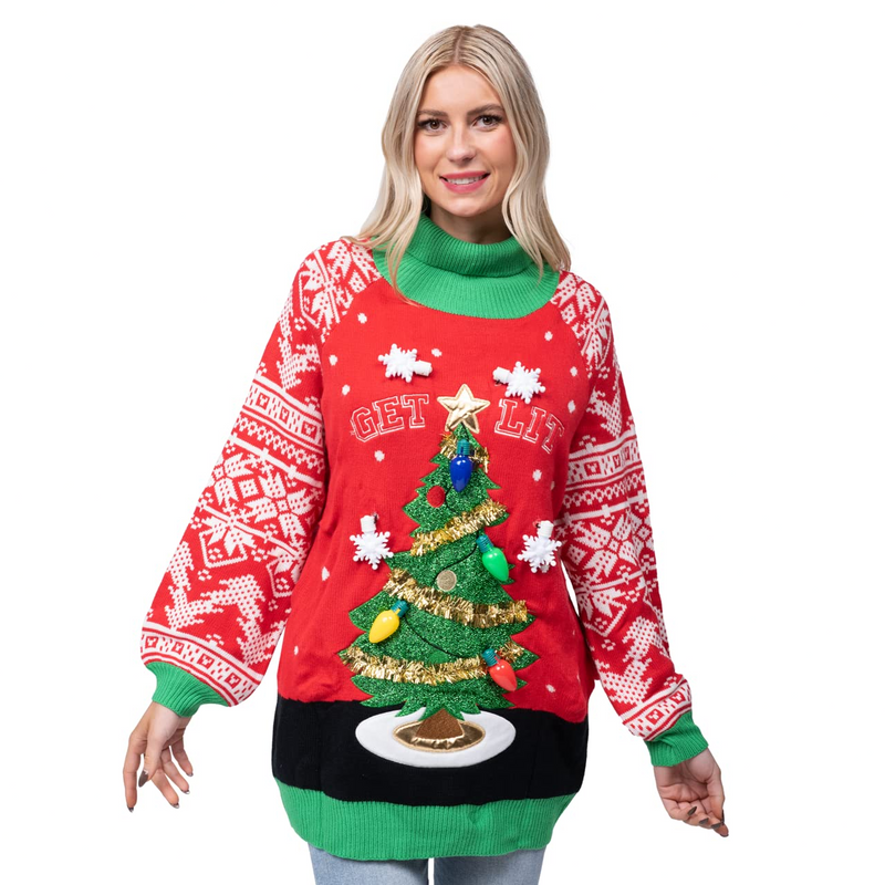 Adult Christmas Tree Long Ugly Sweater with Light Bulbs