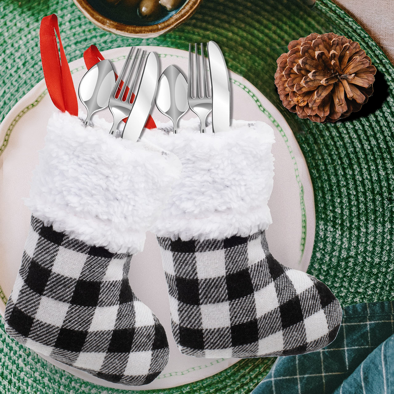 5in White Black Buffalo Plaid Christmas Stockings, 12 Pack