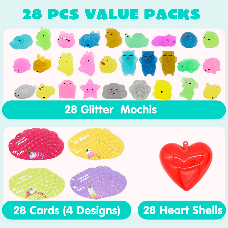 28Pcs Glitter Squishy Toys Filled Hearts Set with Valentines Day Cards for Kids-Classroom Exchange Gifts