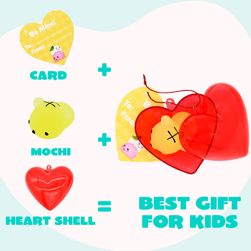 28Pcs Glow In The Dark Mochi Squishy Toys Filled Hearts Set with Kids Valentines Cards