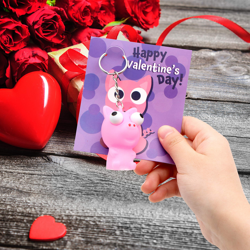 28Pcs Kids Valentines Cards with poping Eyes Animal Keychains-Classroom Exchange Gifts