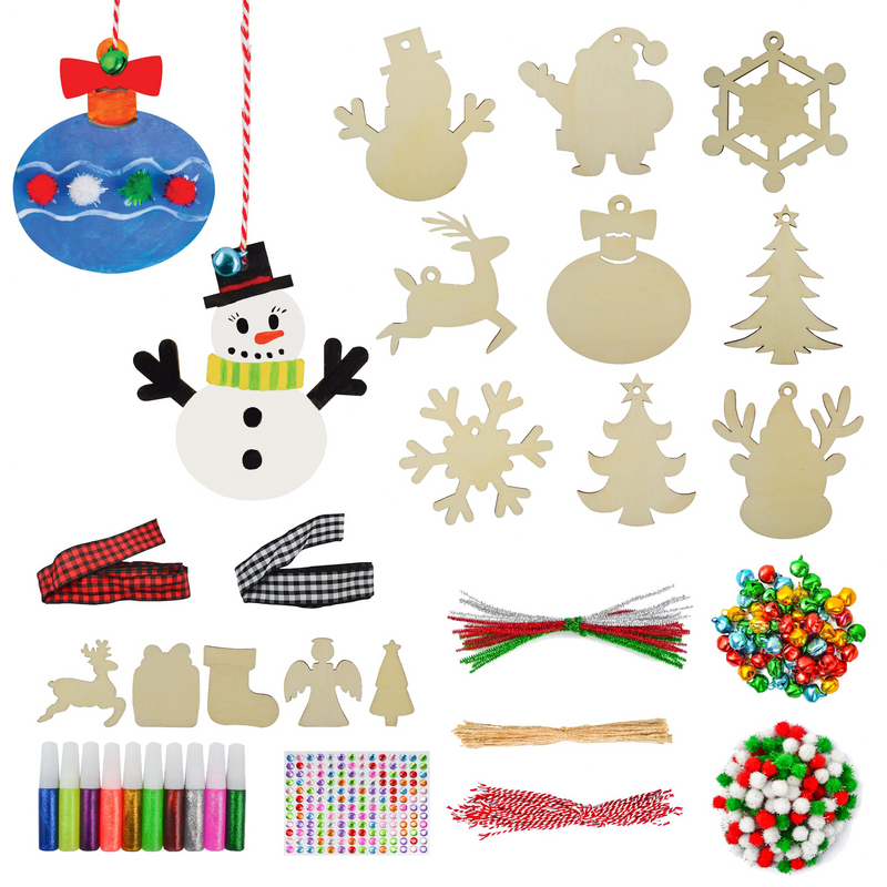 Wooden Ornaments Craft Kit with Glitter Glue, 54 Pcs