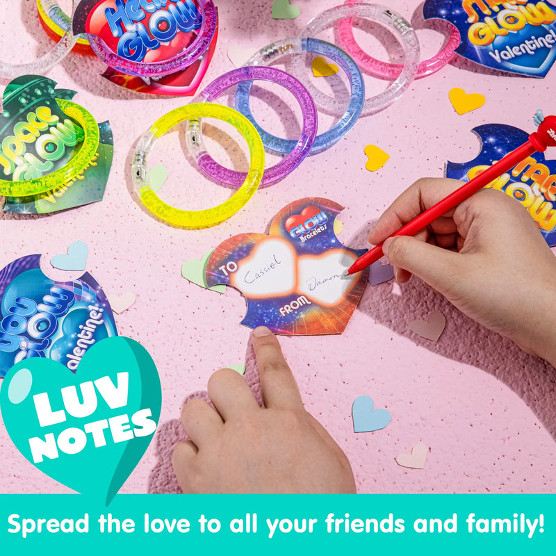 28Pcs Glow Sticks Bracelets with Kids Valentines Cards for Valentines Party Favors