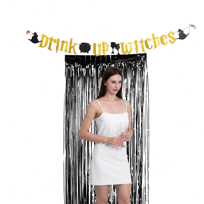 Drink Up Witches Banner and Black Fringe Curtain Decoration, 2 Pcs