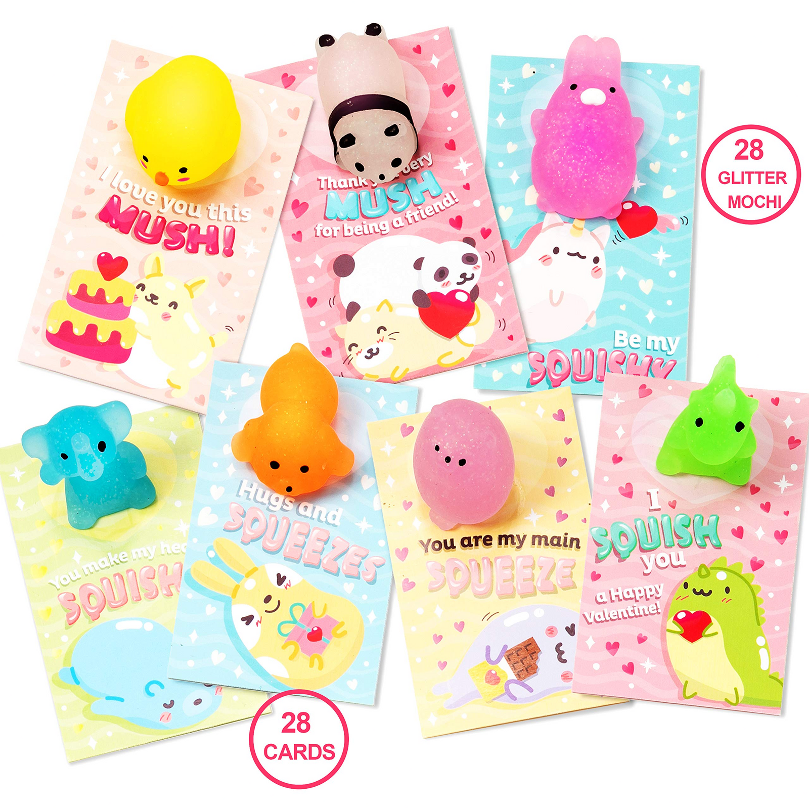 28 Packs Valentine's Day Gift Cards with Glitter Mochi Squishy Toys