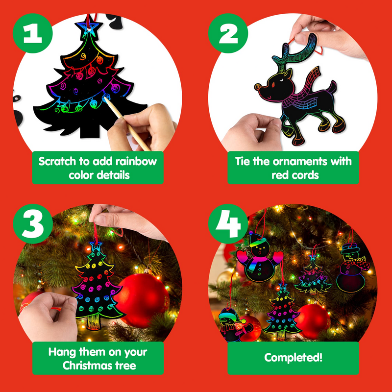 Mudder 60 Pieces Christmas Scratch Ornaments Paper Round Star Heart Rainbow Art Magic Colorful Scratch Off With 60 Pieces Ribbons And 10 Pieces Wooden Styles For Xmas DIY Decorations For Gift