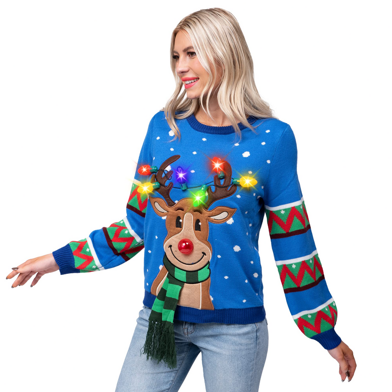 Adult Reindeer Ugly Blue Sweater with Light Bulbs
