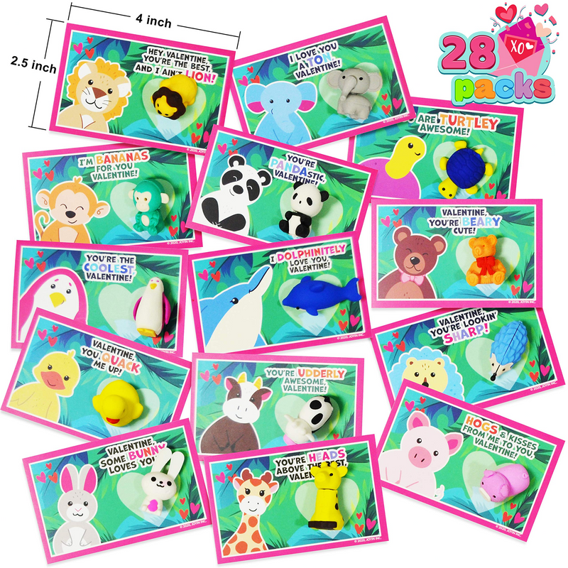 28Pcs Kids Valentines Cards with Animal Erasers-Classroom Exchange Gifts