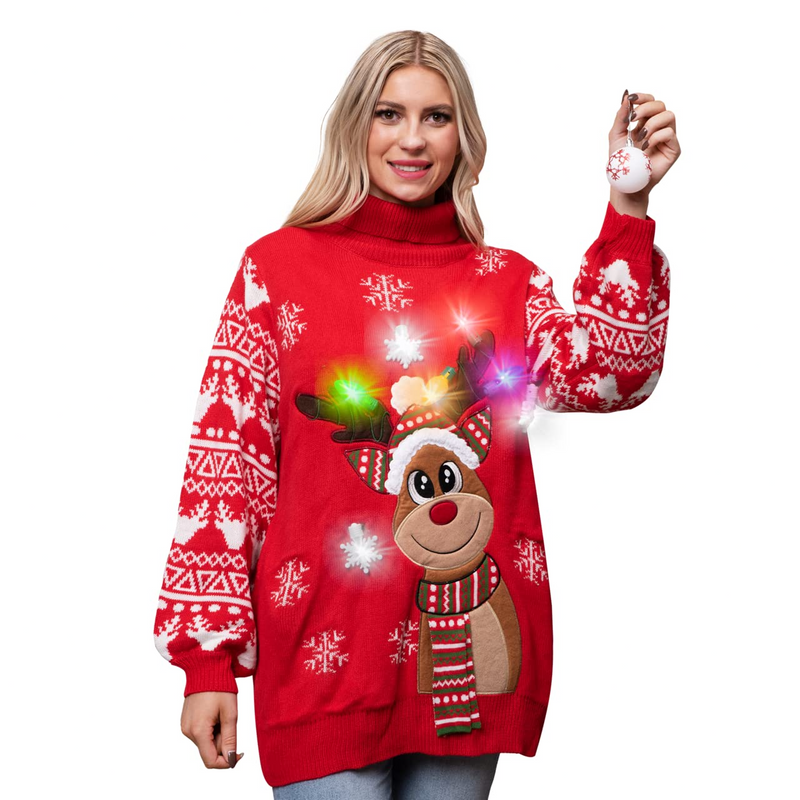 Adult Christmas Reindeer Long Ugly Sweater with Light Bulbs