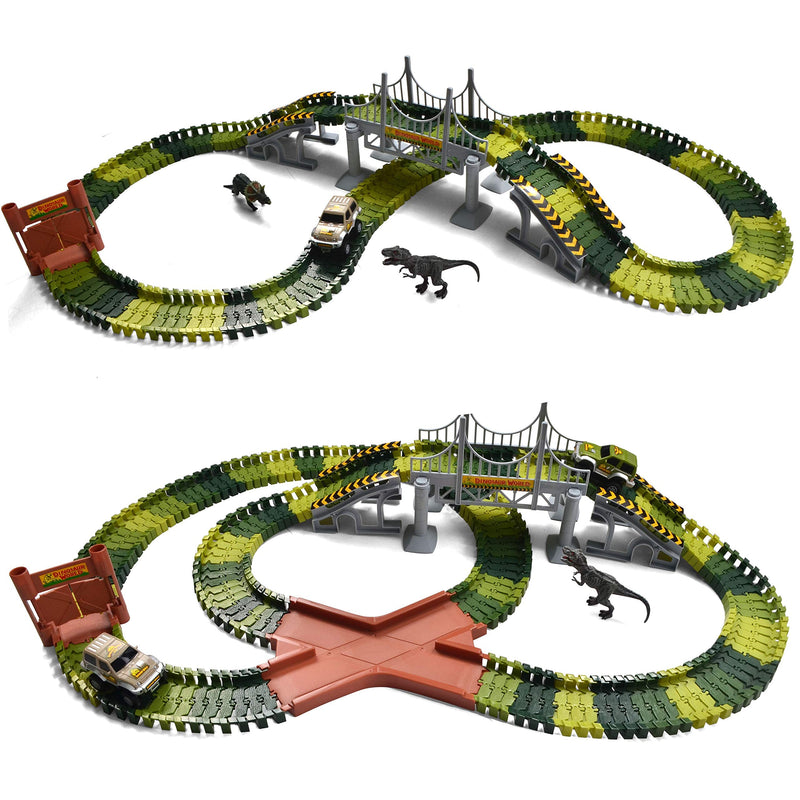 Dinosaur Park Race Car with Flexible Track Playset, 205 Pcs