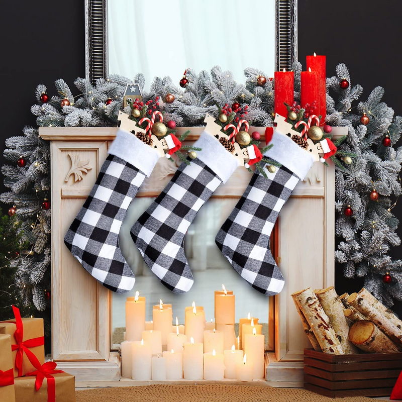 18in White Black Christmas Stockings, 6 Pack