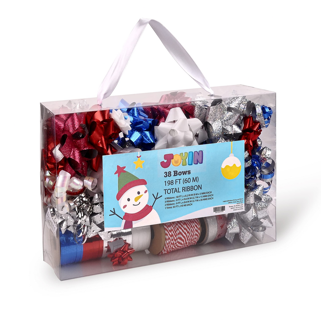 Gift Wrap String and Bows (White, Silver, Red, Blue), 48 Packs - JOYIN