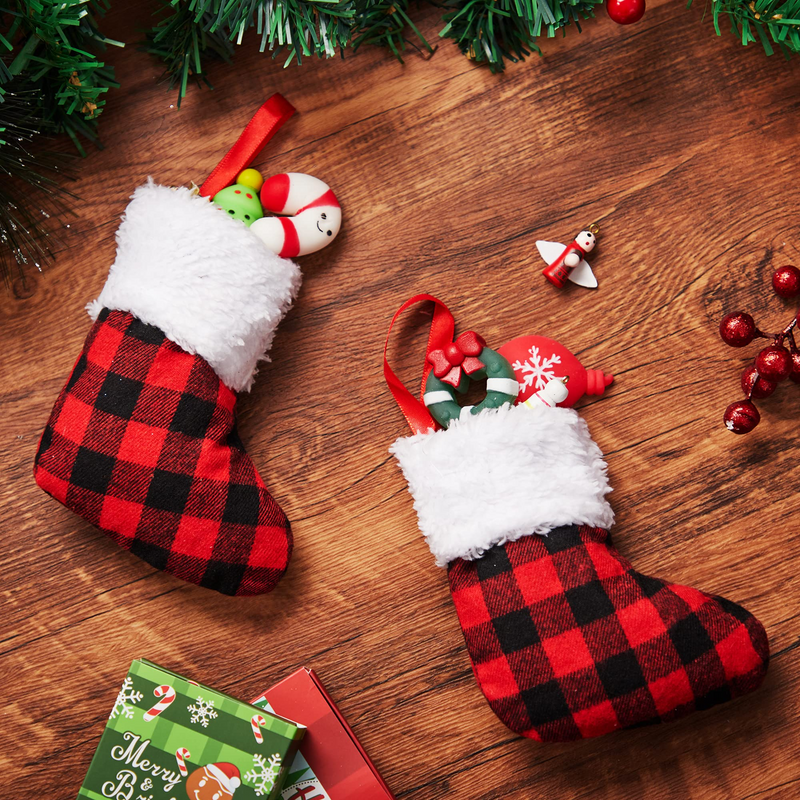 18 Pcs Christmas Stocking 5in Red Black Buffalo Plaid