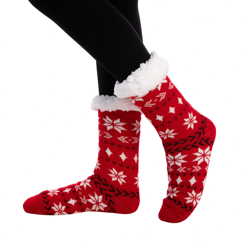 Women's Fleece Lined Fuzzy Slipper Socks - (2) red & White