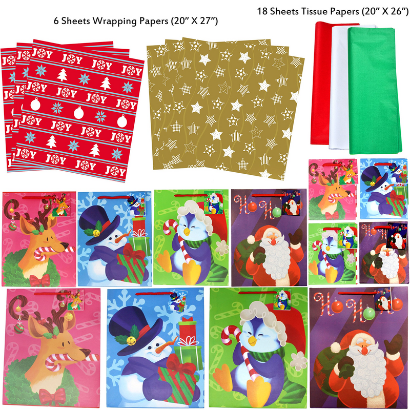 Christmas Bags Set With Wrapping Papers And Tissue Papers, 36 Pcs