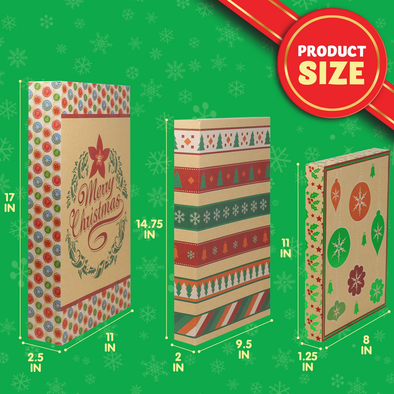 Christmas Foil Kraft Gift Boxes With 3 Sizes, 12 Pcs