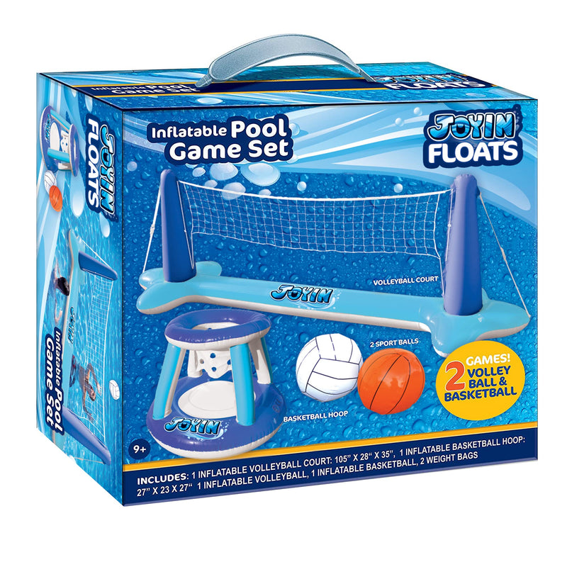 SLOOSH - Inflatable Volleyball Net & Basketball Hoops Pool Float Set, Blue