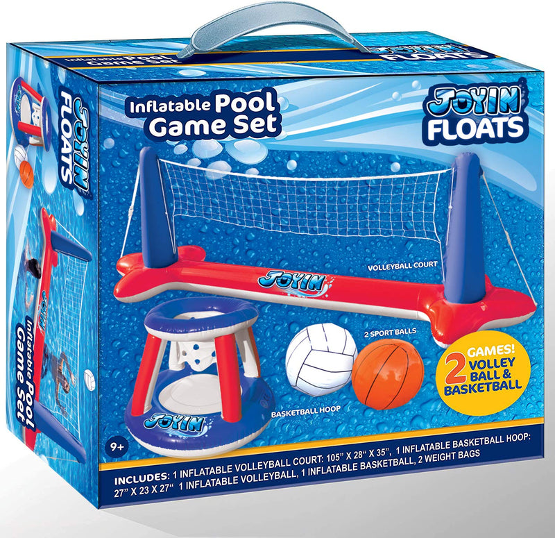 SLOOSH - Inflatable Volleyball Net & Basketball Hoops Red & Blue Pool Float Set