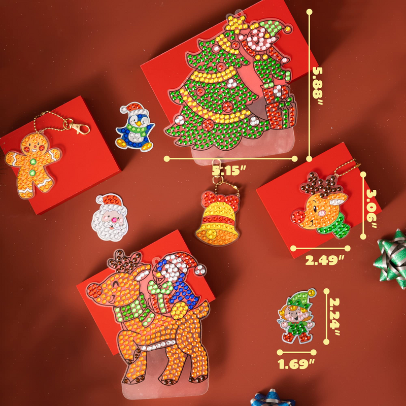 24Pcs Christmas Gem Painting Kit with Stickers, Suncatchers & Keychains