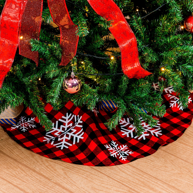 36in Red and Black Plaid Tree Skirt with Snowflake