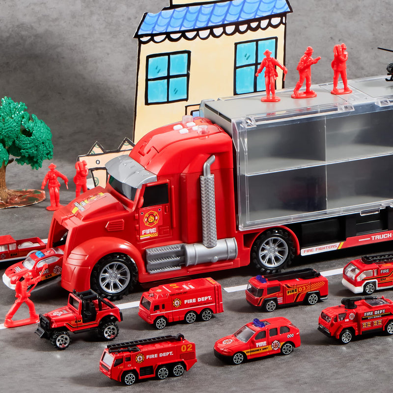 Fire Rescue Carrier Truck with 12 Diecast Vehicles & 12 Figures, 25 PCS